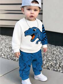 SHEIN 2pcs Baby Boys Cute Dinosaur Print Fleece Crew Neck Long Sleeve Sweatshirt And Matching Sweatpants Set Suitable For Autumn/Winter White Blue Funny - Multicolor - View 6