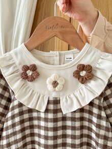SHEIN Vintaside Kids 女嬰長袖可愛百搭灰色卡其色圖案洋裝褲裝襯衫 秋冬款 - 咖啡棕 - 查看 7