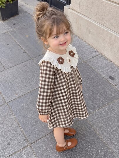 SHEIN Vintaside Kids Baby Girl Dress Long Sleeve Cute Versatile Grey Khaki Pattern Dress Pants Dress Shirt Autumn Winter