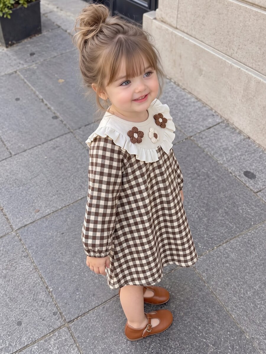 SHEIN Vintaside Kids 女嬰長袖可愛百搭灰色卡其色圖案洋裝褲裝襯衫 秋冬款 - 咖啡棕 - 查看 1