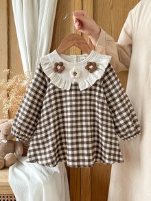 SHEIN Vintaside Kids 女嬰長袖可愛百搭灰色卡其色圖案洋裝褲裝襯衫 秋冬款 - 咖啡棕 - 查看 3
