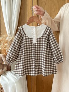 SHEIN Vintaside Kids 女嬰長袖可愛百搭灰色卡其色圖案洋裝褲裝襯衫 秋冬款 - 咖啡棕 - 查看 2