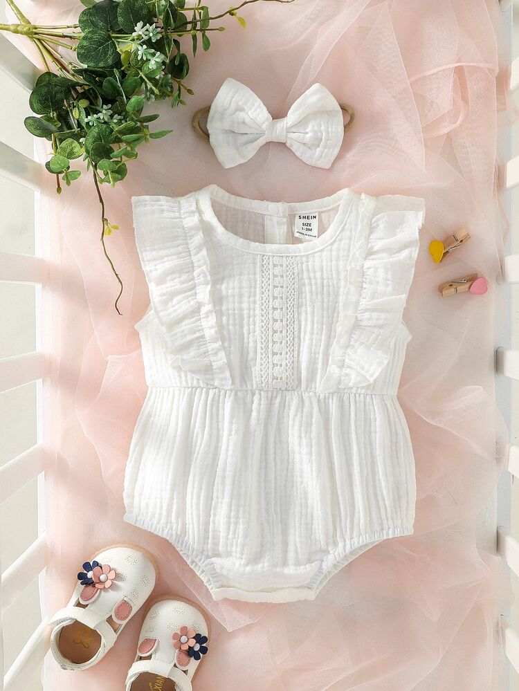 SHEIN 1pc Newborn Baby Girl Solid Color Ruffle Lace Trim Bodysuit Romper Headband Set, Soft Breathable Summer Spring Outfits Clothes For Infant - White - View 3
