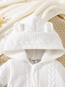 SHEIN Baby Hooded Jumpsuit Winter Cable Knit Sweater Romper, Cute Off-White Textured Zipper Outfit For Newborn Boy Girl, Infant Warm Fluffy Cozie Clothes - White - View 8