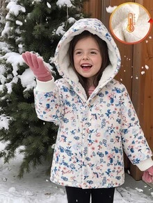 SHEIN 女童抓絨連帽外套可愛甜美西式白色粉色藍色碎花毛茸茸長袖加厚鈕扣開襟秋冬節日外套 - 藍色 - 查看 3