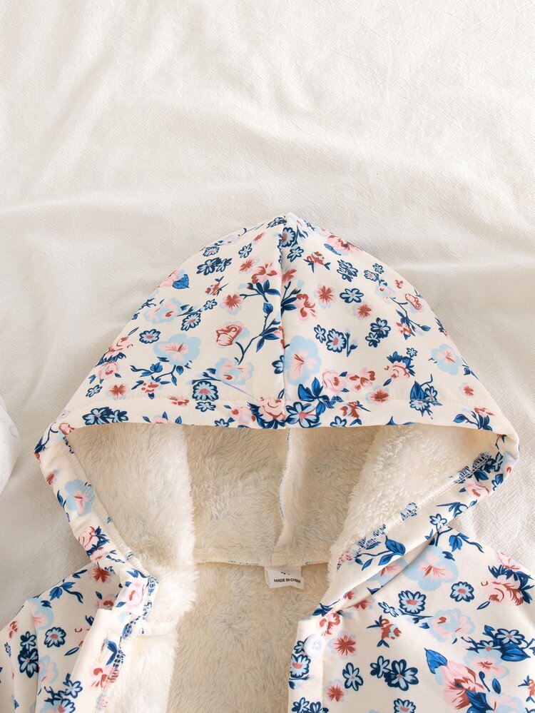 SHEIN Young Girl Fleece Hooded Jacket Coat Cute Sweet Western White Pink Blue Ditsy Floral Fuzzy Long Sleeve Thick Holiday Winter Fall Button Up - Blue - View 5