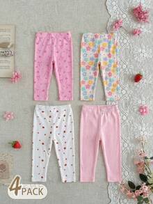 SHEIN Baby Girls 4 Pack Leggings, Soft Stretchy Cotton Cute Floral Strawberry Bow Heart Print Toddler Pants - Multicolor - View 3