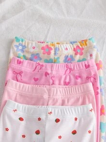 SHEIN Baby Girls 4 Pack Leggings, Soft Stretchy Cotton Cute Floral Strawberry Bow Heart Print Toddler Pants - Multicolor - View 6