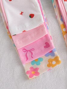 SHEIN Baby Girls 4 Pack Leggings, Soft Stretchy Cotton Cute Floral Strawberry Bow Heart Print Toddler Pants - Multicolor - View 5