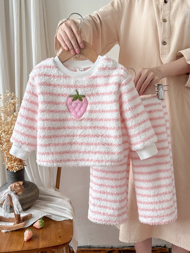SHEIN 2pcs Toddler Girl Sweaters Pants Set Cute Sweet Pink White Strawberry Striped Plush Long Sleeve Round Neck Thick Winter Holiday Elastic - Pink - View 3
