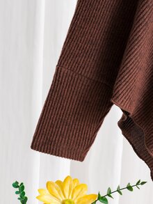 SHEIN Young Girls Spring/Autumn/Winter Casual T-Shirt & Pants, Asymmetrical Pullover Button Collar, Knitted Ribbed Fabric, Brown Coffee Long Sleeve Top Flared Pants - Brown - View 6