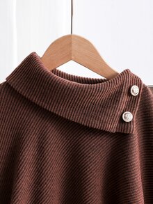 SHEIN Young Girls Spring/Autumn/Winter Casual T-Shirt & Pants, Asymmetrical Pullover Button Collar, Knitted Ribbed Fabric, Brown Coffee Long Sleeve Top Flared Pants - Brown - View 7