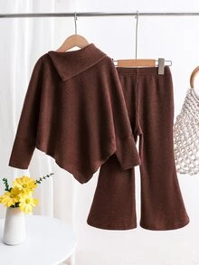SHEIN Young Girls Spring/Autumn/Winter Casual T-Shirt & Pants, Asymmetrical Pullover Button Collar, Knitted Ribbed Fabric, Brown Coffee Long Sleeve Top Flared Pants - Brown - View 3