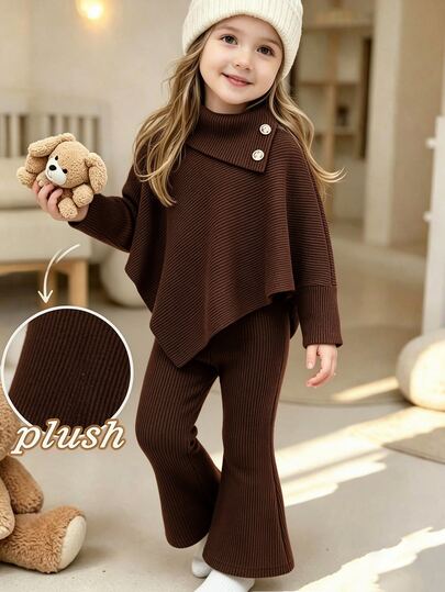 SHEIN Elladie kids طقم تي شيرت كاجوال للفتيات للربيع/الخريف/الشتاء، ملابس علوية علوية بأزرار وياقة غير متماثلة، قماش محبوك مضلع، ملابس علوية بأكمام طويلة بلون بني قهوة وبنطال واسع الساق