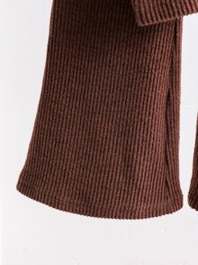 SHEIN Young Girls Spring/Autumn/Winter Casual T-Shirt & Pants, Asymmetrical Pullover Button Collar, Knitted Ribbed Fabric, Brown Coffee Long Sleeve Top Flared Pants - Brown - View 11