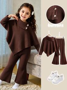 SHEIN Young Girls Spring/Autumn/Winter Casual T-Shirt & Pants, Asymmetrical Pullover Button Collar, Knitted Ribbed Fabric, Brown Coffee Long Sleeve Top Flared Pants - Brown - View 4
