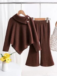 SHEIN Young Girls Spring/Autumn/Winter Casual T-Shirt & Pants, Asymmetrical Pullover Button Collar, Knitted Ribbed Fabric, Brown Coffee Long Sleeve Top Flared Pants - Brown - View 5