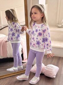 YOUNG Girs 2pcs Autumn Purple Floral Print Long Sleeve Sweatshirt Top With Rib Knit Pants Set Soft Casual Outfits For Cute Toddler Kids Fall Clothing - Purple - View 3