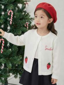 Elladie kids 女童針織開襟外套圓領長袖鈕扣前襟羅紋針織短版夾克，草莓與笑臉字母印花，年輕女孩聖誕上衣毛衣 - 白色 - 查看 4