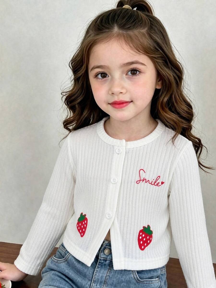 Elladie kids 女童針織開襟外套圓領長袖鈕扣前襟羅紋針織短版夾克，草莓與笑臉字母印花，年輕女孩聖誕上衣毛衣