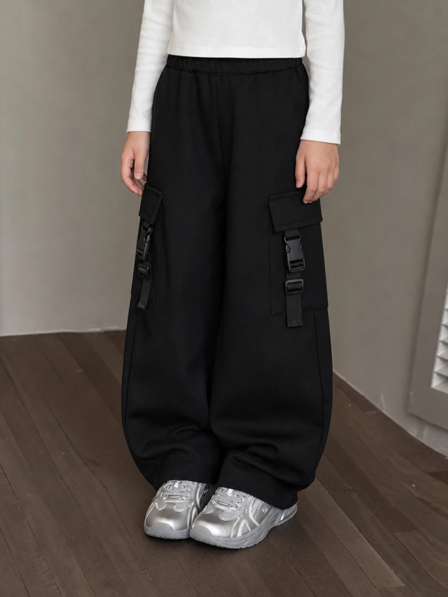 Elladie kids Girls Black Elastic Waist Wide Leg Cargo Pants, Buckle Strap Large Pockets, For School, Daily Wear, Back To School, Autumn Outfit, Winter Fall 2026 - Black - View 1