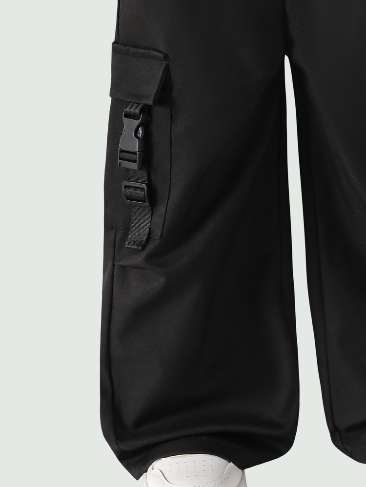 Elladie kids Girls Black Elastic Waist Wide Leg Cargo Pants, Buckle Strap Large Pockets, For School, Daily Wear, Back To School, Autumn Outfit, Winter Fall 2026 - Black - View 10