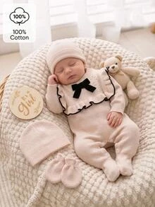 SHEIN Newborn Baby Sweater Onesies Fashionable Cute Knitted 3D Bow Round Neck Back Button Long Sleeve Ruffle Hem Footed Romper Pure Cotton Soft Comfortable Suitable For Spring Autumn Winter Daily Wear Outings Travel Vacation - Apricot - View 10