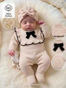 SHEIN Newborn Baby Sweater Onesies Fashionable Cute Knitted 3D Bow Round Neck Back Button Long Sleeve Ruffle Hem Footed Romper Pure Cotton Soft Comfortable Suitable For Spring Autumn Winter Daily Wear Outings Travel Vacation - Apricot - View 1