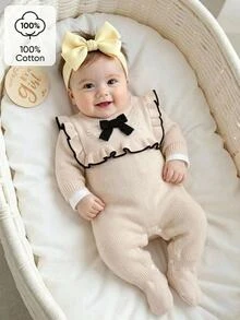 SHEIN Newborn Baby Sweater Onesies Fashionable Cute Knitted 3D Bow Round Neck Back Button Long Sleeve Ruffle Hem Footed Romper Pure Cotton Soft Comfortable Suitable For Spring Autumn Winter Daily Wear Outings Travel Vacation - Apricot - View 3
