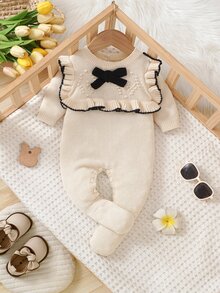 SHEIN Newborn Baby Sweater Onesies Fashionable Cute Knitted 3D Bow Round Neck Back Button Long Sleeve Ruffle Hem Footed Romper Pure Cotton Soft Comfortable Suitable For Spring Autumn Winter Daily Wear Outings Travel Vacation - Apricot - View 5