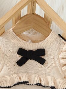 SHEIN Newborn Baby Sweater Onesies Fashionable Cute Knitted 3D Bow Round Neck Back Button Long Sleeve Ruffle Hem Footed Romper Pure Cotton Soft Comfortable Suitable For Spring Autumn Winter Daily Wear Outings Travel Vacation - Apricot - View 4