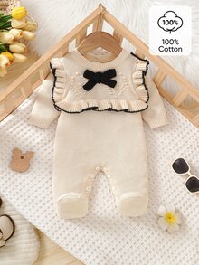 SHEIN Newborn Baby Sweater Onesies Fashionable Cute Knitted 3D Bow Round Neck Back Button Long Sleeve Ruffle Hem Footed Romper Pure Cotton Soft Comfortable Suitable For Spring Autumn Winter Daily Wear Outings Travel Vacation - Apricot - View 6