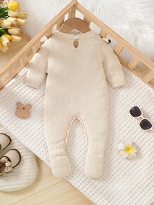 SHEIN Newborn Baby Sweater Onesies Fashionable Cute Knitted 3D Bow Round Neck Back Button Long Sleeve Ruffle Hem Footed Romper Pure Cotton Soft Comfortable Suitable For Spring Autumn Winter Daily Wear Outings Travel Vacation - Apricot - View 2