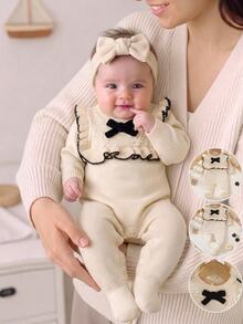 SHEIN Newborn Baby Sweater Onesies Fashionable Cute Knitted 3D Bow Round Neck Back Button Long Sleeve Ruffle Hem Footed Romper Pure Cotton Soft Comfortable Suitable For Spring Autumn Winter Daily Wear Outings Travel Vacation - Apricot - View 8