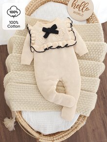 SHEIN Newborn Baby Sweater Onesies Fashionable Cute Knitted 3D Bow Round Neck Back Button Long Sleeve Ruffle Hem Footed Romper Pure Cotton Soft Comfortable Suitable For Spring Autumn Winter Daily Wear Outings Travel Vacation - Apricot - View 7
