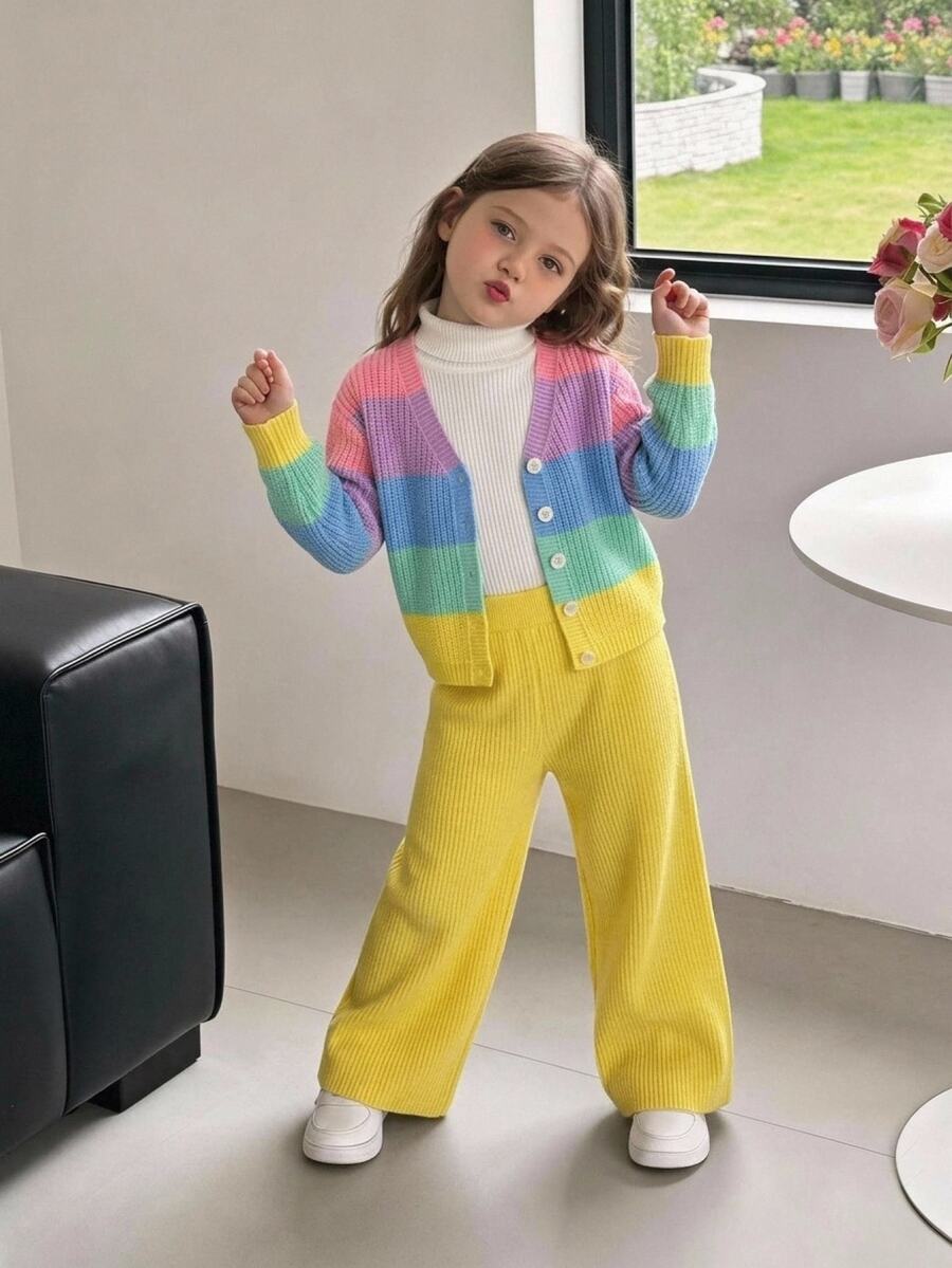Girls Rainbow Color Block V-Neck Button Cardigan + White Straight Leg Pants Casual Baby Princess Outfit, Thick Soft Fabric, Mommy And Me Autumn - Multicolor - View 1