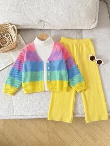Girls Rainbow Color Block V-Neck Button Cardigan + White Straight Leg Pants Casual Baby Princess Outfit, Thick Soft Fabric, Mommy And Me Autumn - Multicolor - View 11