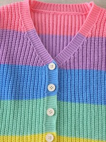 Girls Rainbow Color Block V-Neck Button Cardigan + White Straight Leg Pants Casual Baby Princess Outfit, Thick Soft Fabric, Mommy And Me Autumn - Multicolor - View 10