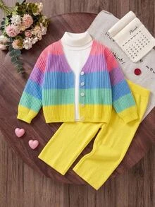 Girls Rainbow Color Block V-Neck Button Cardigan + White Straight Leg Pants Casual Baby Princess Outfit, Thick Soft Fabric, Mommy And Me Autumn - Multicolor - View 3