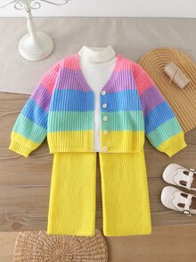 Girls Rainbow Color Block V-Neck Button Cardigan + White Straight Leg Pants Casual Baby Princess Outfit, Thick Soft Fabric, Mommy And Me Autumn - Multicolor - View 2