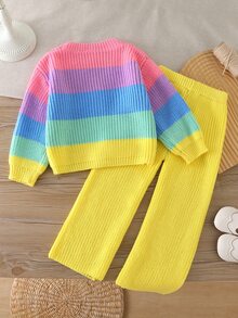 Girls Rainbow Color Block V-Neck Button Cardigan + White Straight Leg Pants Casual Baby Princess Outfit, Thick Soft Fabric, Mommy And Me Autumn - Multicolor - View 8
