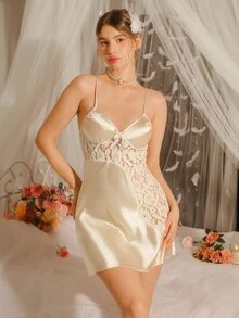 DelicateAllure Women's Lace Satin Camisole Mini Nightgown, Lace Robe Pajama Set - Champagne - View 5