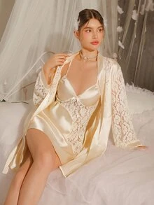 DelicateAllure Women's Lace Satin Camisole Mini Nightgown, Lace Robe Pajama Set - Champagne - View 3