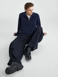 Manfinity Homme 男士藍色秋季休閒基礎款商務休閒辦公室純色極簡拉鍊開襟長袖羊絨針織波羅領毛衣 - 彩色 - 查看 6