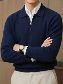 Manfinity Homme 男士藍色秋季休閒基礎款商務休閒辦公室純色極簡拉鍊開襟長袖羊絨針織波羅領毛衣 - 彩色 - 查看 1