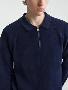 Manfinity Homme 男士藍色秋季休閒基礎款商務休閒辦公室純色極簡拉鍊開襟長袖羊絨針織波羅領毛衣 - 彩色 - 查看 9