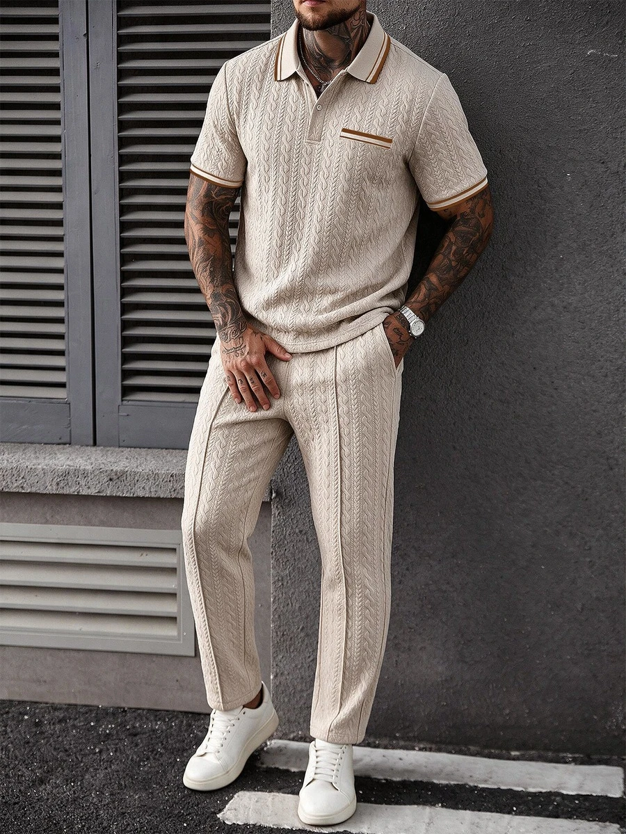 Manfinity Homme 男士拼色短袖 Polo 衫與長褲休閒日常穿搭 - 卡其色 - 查看 1