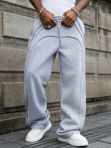 PAVTROS Men's Young Light Gray Deconstructed Raw Edge Patchwork Sweatpants Elastic Waist Wide Leg Straight Leg Long Pants Casual Sports Sweatpants - Light Grey - View 3