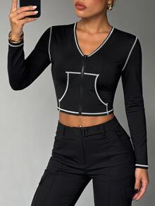 SHEIN Sports Women's Zipper Front Long Sleeve Sports Jacket Black And White Color-Block V-Neck Cardigan Autumn Running Workouts Outfits Pilates - Blue and White - View 3