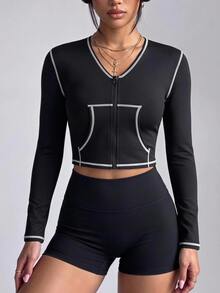 SHEIN Sports Women's Zipper Front Long Sleeve Sports Jacket Black And White Color-Block V-Neck Cardigan Autumn Running Workouts Outfits Pilates - Blue and White - View 1